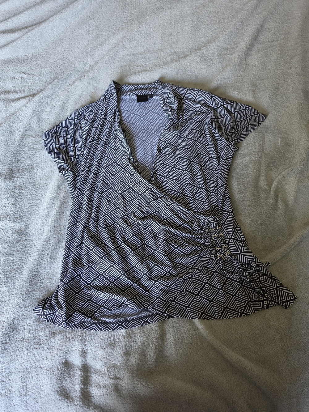 Rafaella Black & White Geometric Wrap-Style Women's Top